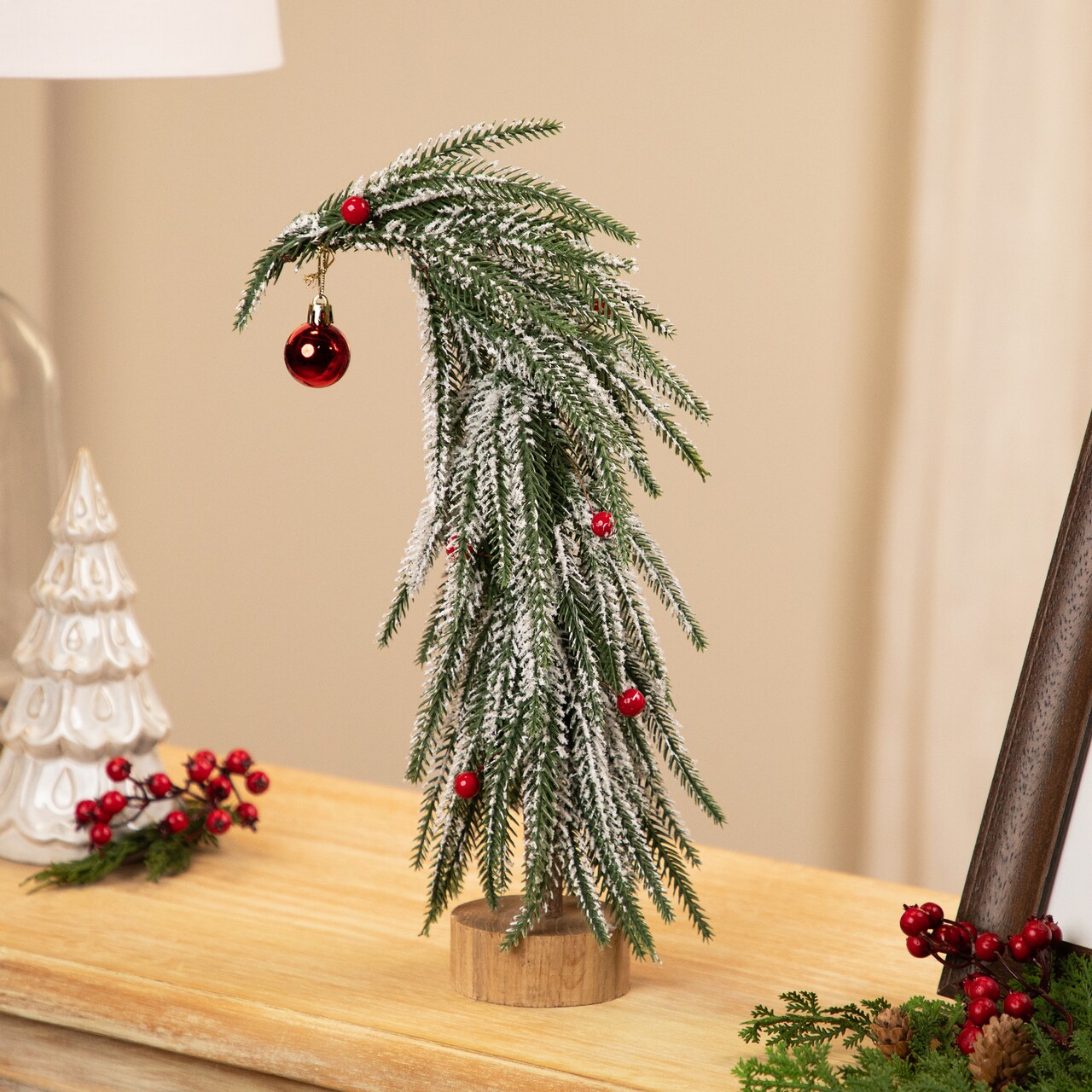 Northlight Flocked Curved Artificial Christmas Tree with Red Ornaments - 15"